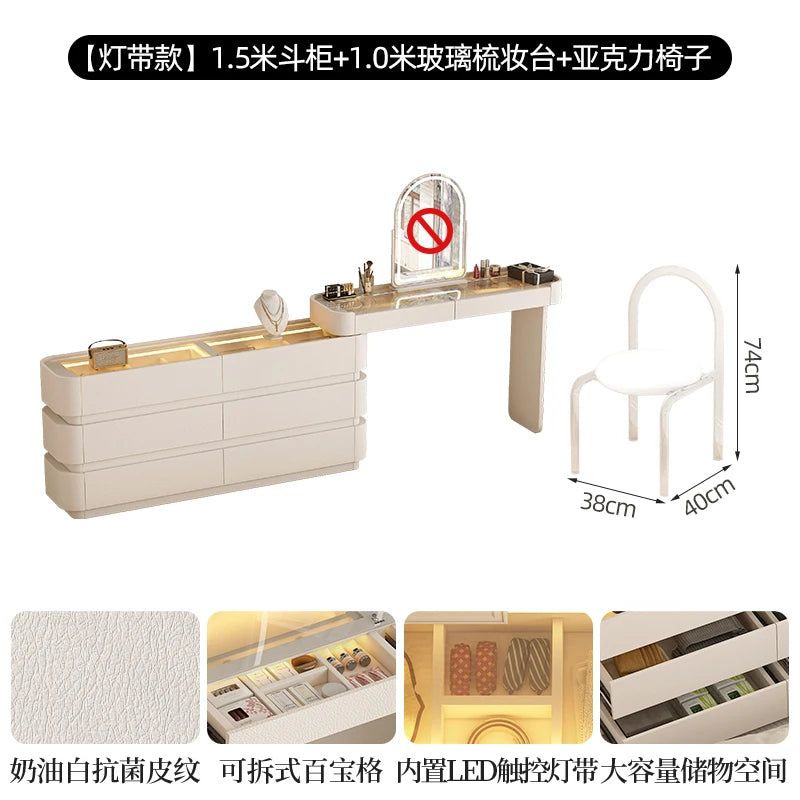 coiffeuse bois moderne beige miroir tiroirs tabouret étagère rangement chambre coucher