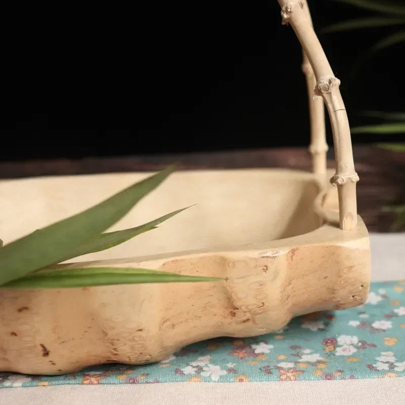 panier decoratif japonais bois texturé plateau rangement vert beige rustic champetre asiatique