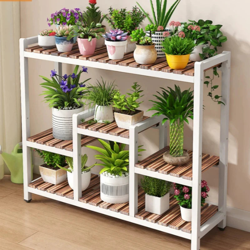 étagère extérieure moderne multi niveaux métal bois plantes balcon jardin noir blanc