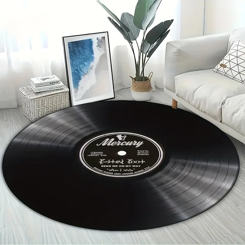 tapis rond noir disque vinyle moderne mousse mémoire forme imperméable résistant extérieur salon chambre