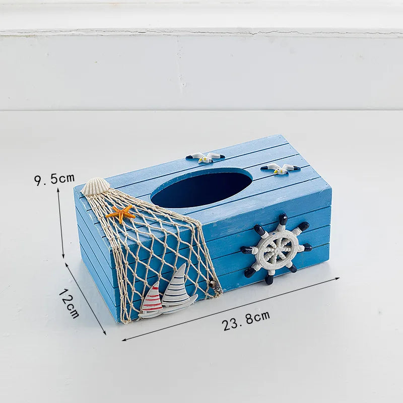 boîte mouchoirs marin bois bleu rayures coquillages bateau étoile mer décorative maison rangement