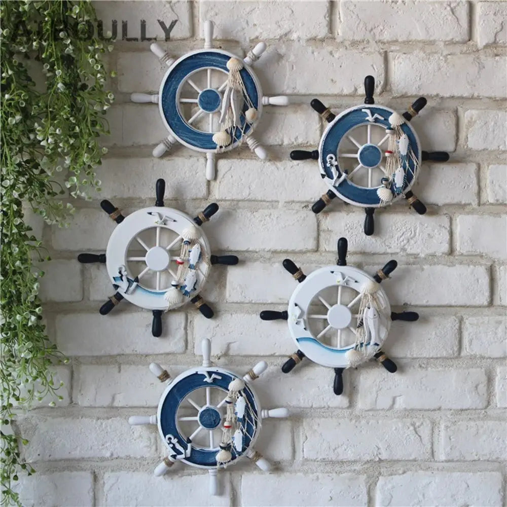 décoration murale nautique roue timonerie corde marine ancre poisson mouette blanc bleu