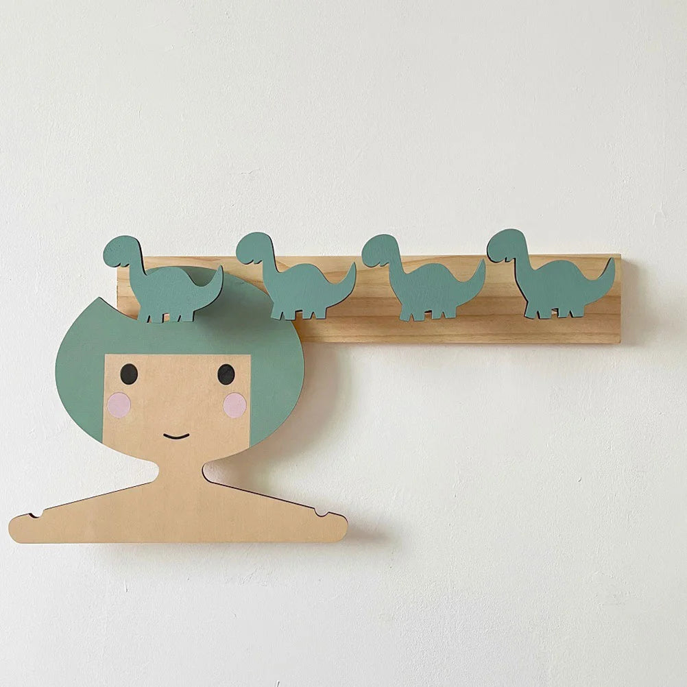 porte manteaux mural dinosaure bois clair vert enfantin decoratif hooks cartoon chambre salle bain