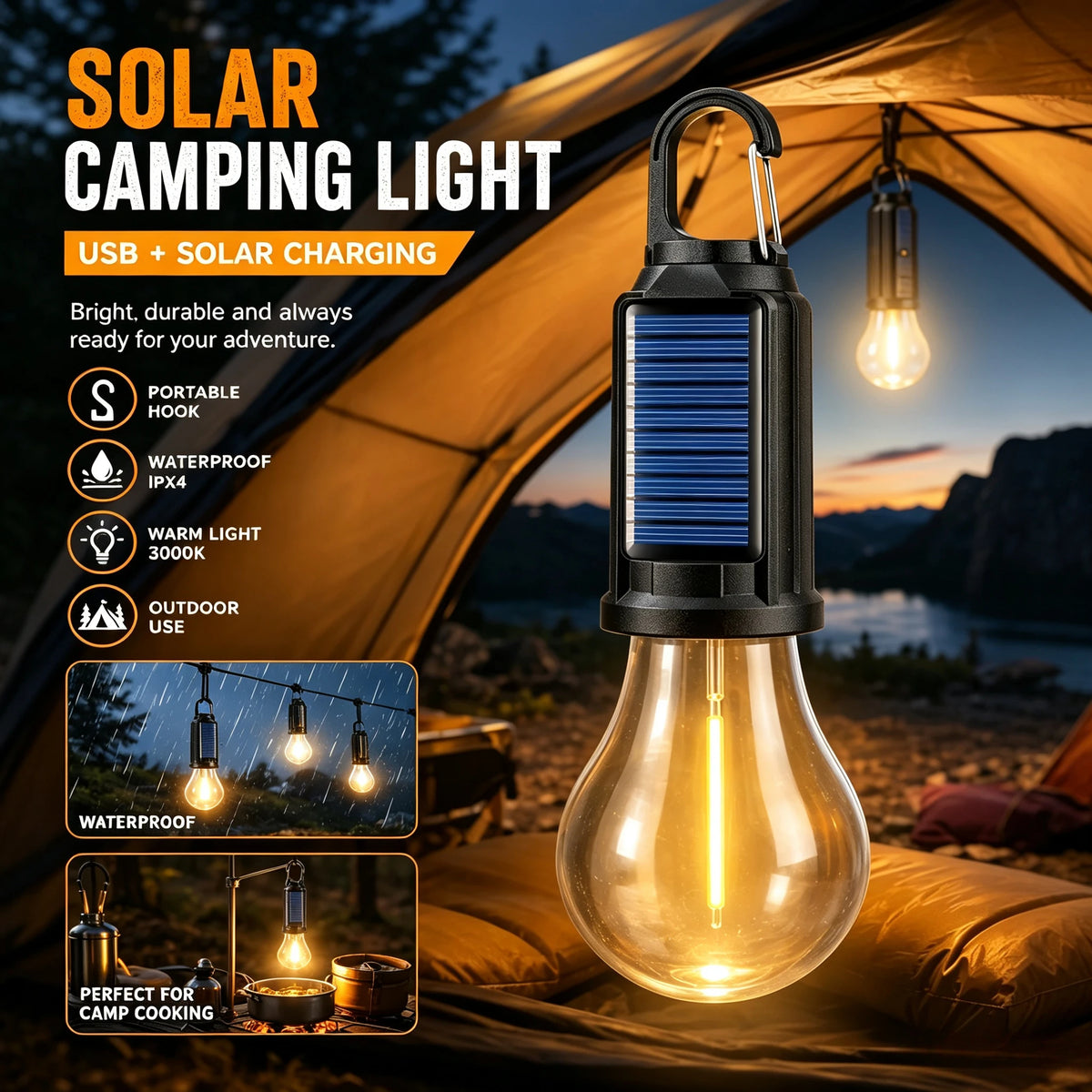 lampe camping solaire rechargeable usb suspendue tente noire bleue dorée