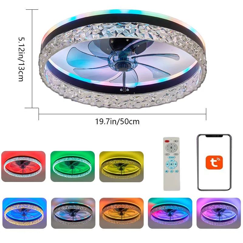 ventilateur led intelligent rvb vitesses ciel étoilé moderne cristal translucent télécommande