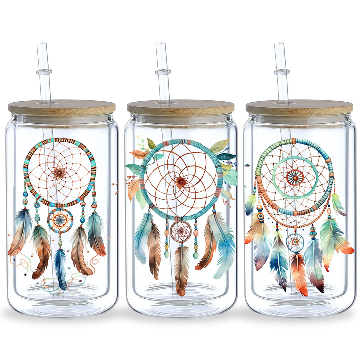 stickers adhésifs dreamcatchers fleurs plumes bohème aquarelle transparents bouteilles bois pack pièces