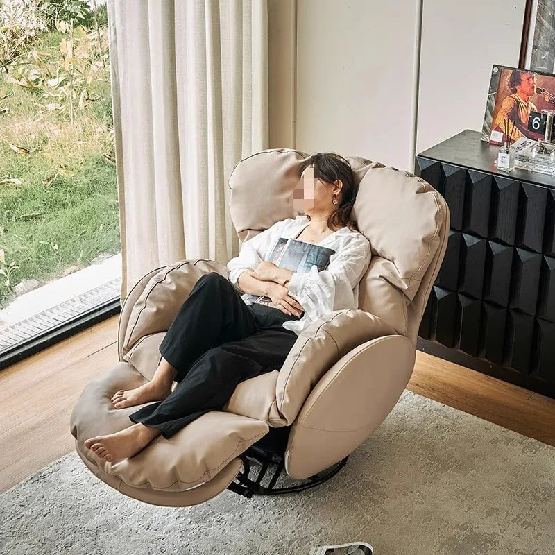 fauteuil relax rotatif beige clair moderne bouton commande salon maison confortable