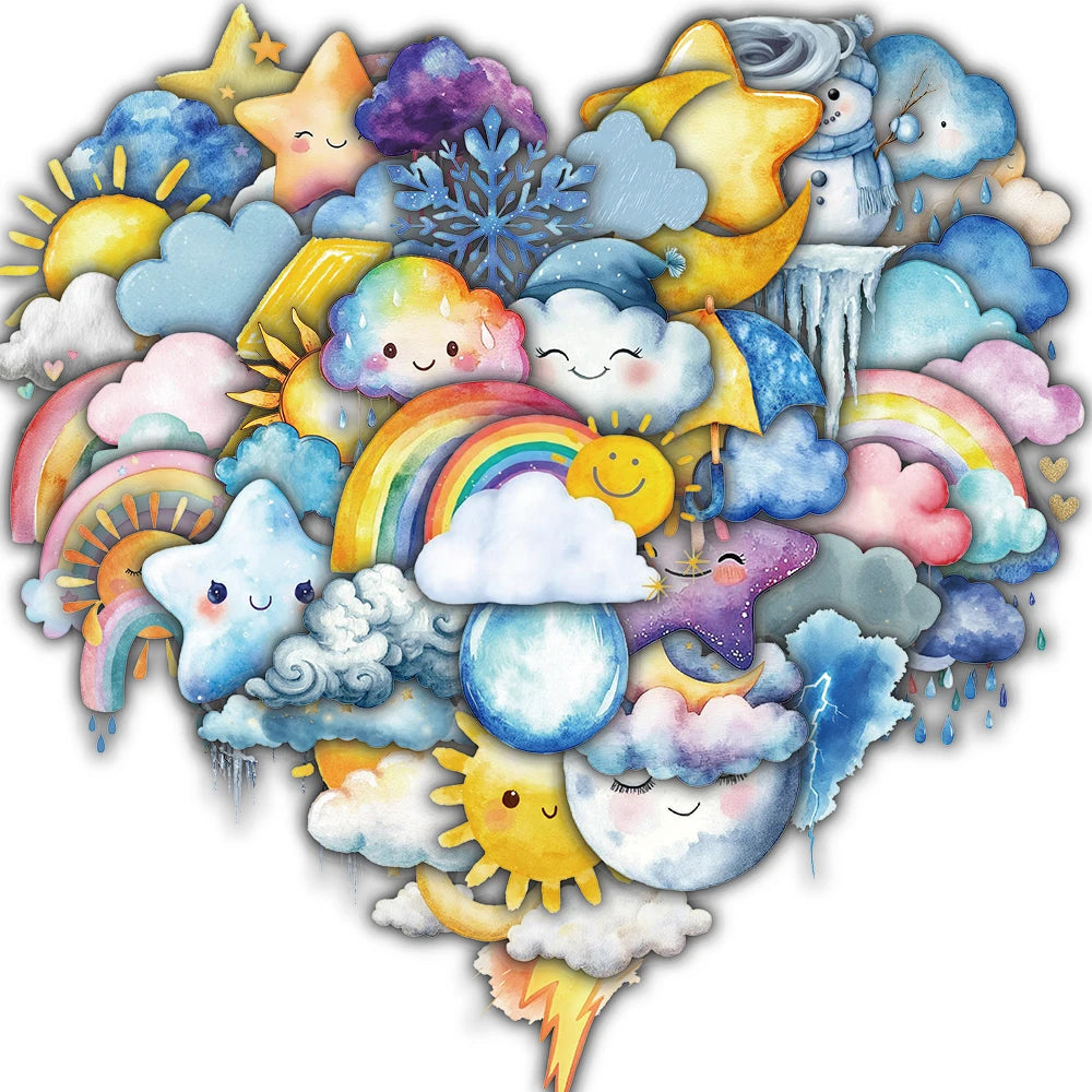 autocollants multicolores dessins animés nuages arc ciel étoiles foudre neige pluie cartoon enfantin adhésifs