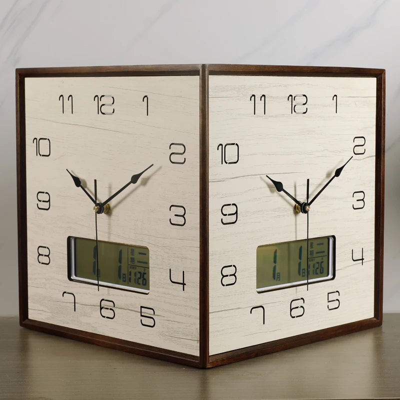horloge murale moderne double face bois texture minimaliste date heure salon