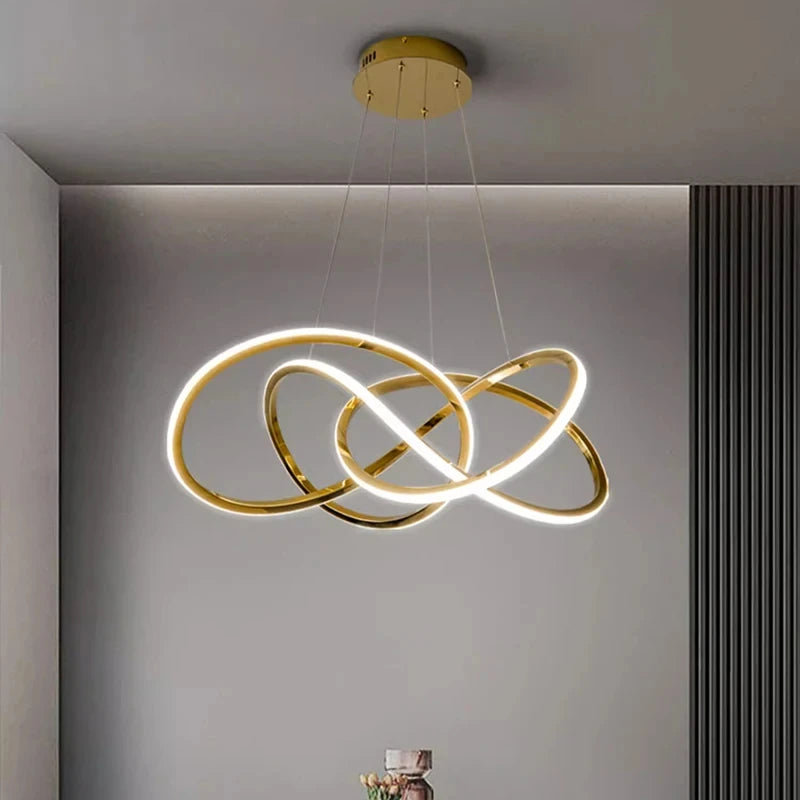 Suspension lumineuse moderne or blanc cercles entrelacés télécommande tricolore lumière led