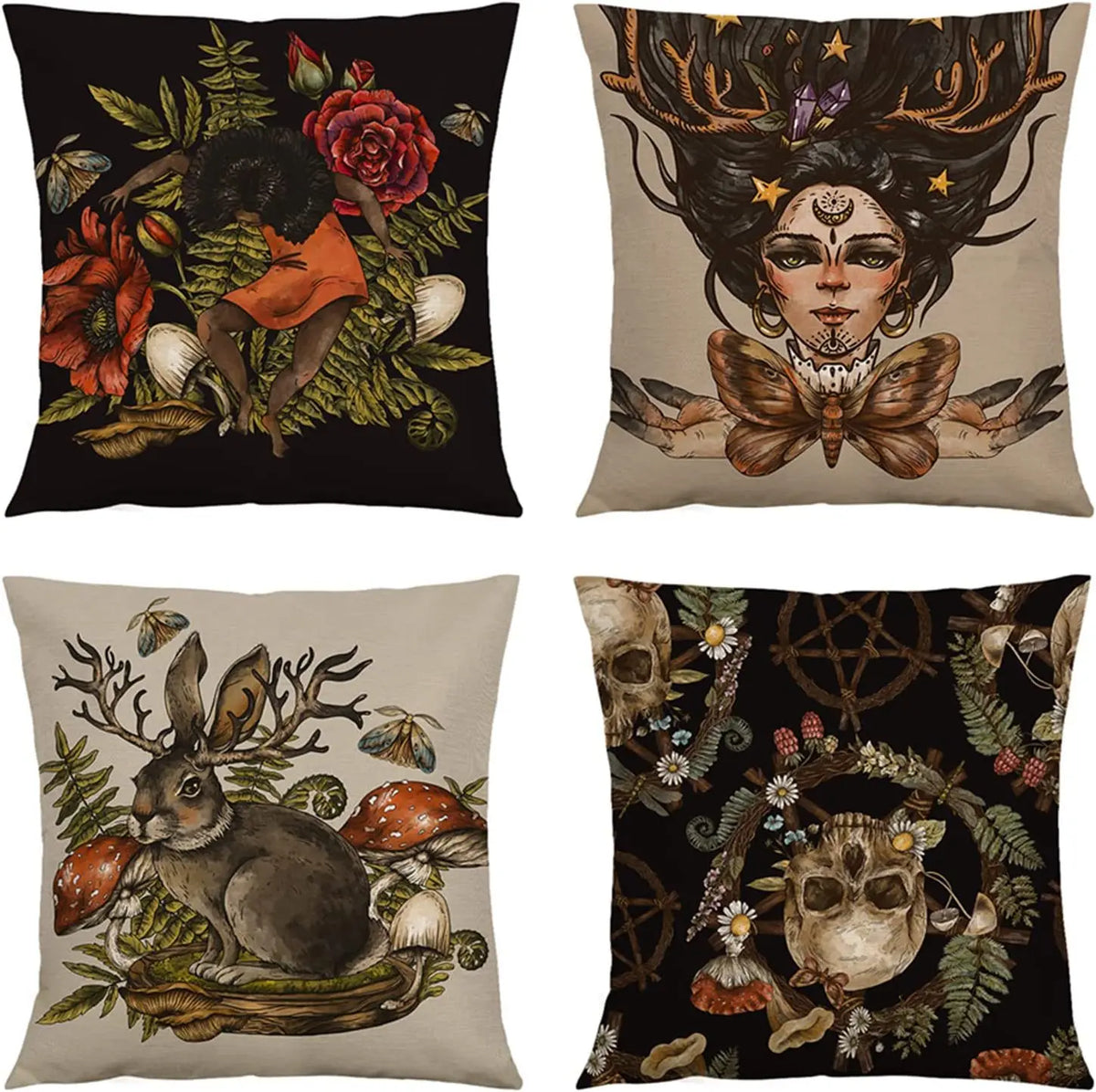 taies d'oreiller lin imprimées papillons lunes feuilles moderne 18x18 beige marron bleu orange