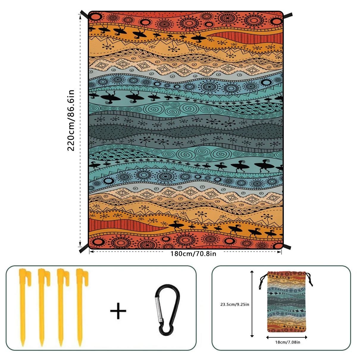 tapis plage imperméable 220x180cm orange bleu noir motifs ethniques piquets sac toile