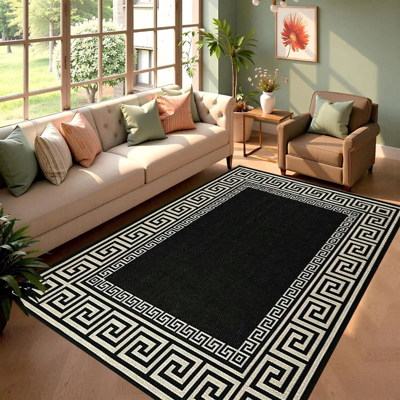 tapis sol rectangulaire motif géométrique grec noir blanc or moderne salon chambre décoratif