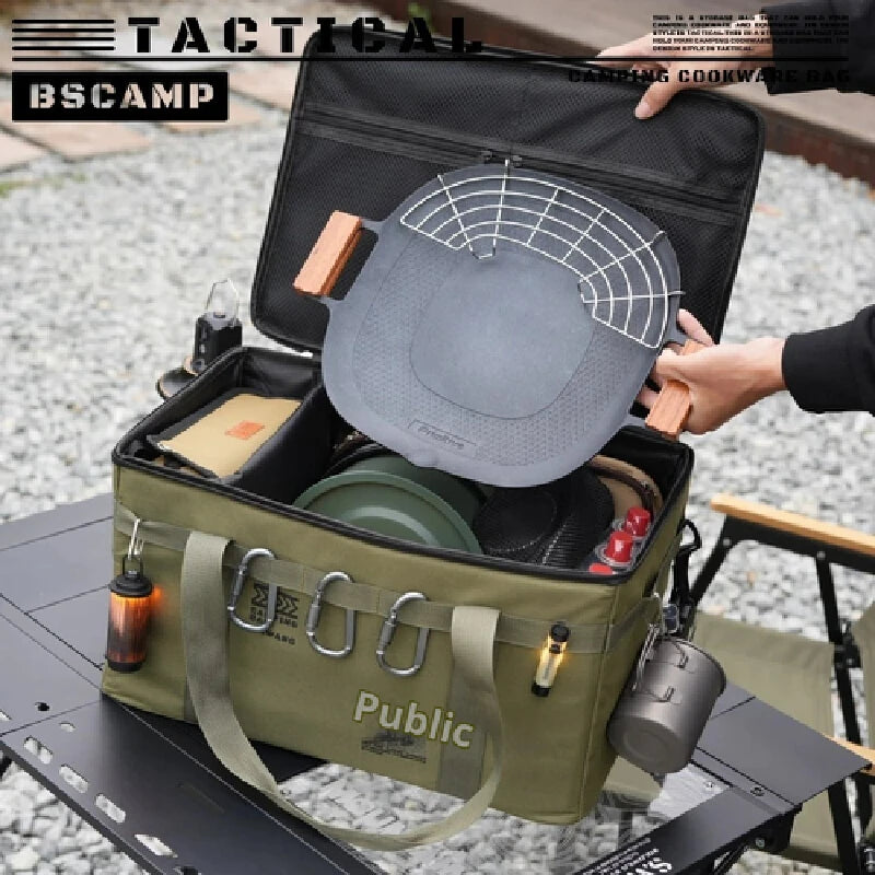 Sac outils camping khaki cartographique 30L 42L poignées cuir intérieur organisateur