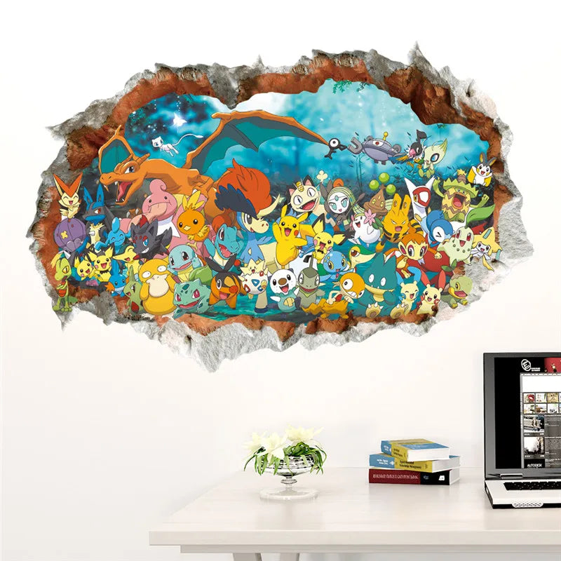 sticker mural 3d pokemon pikachu personnages animés arrière plan naturel adhésif
