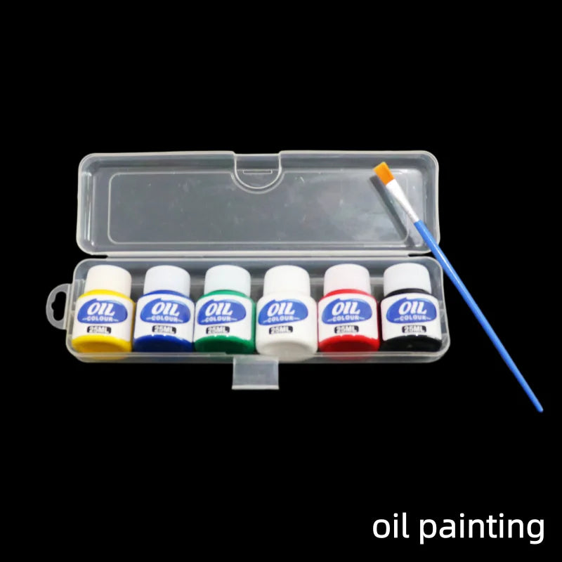 peintures acryliques bleu jaune vert rouge noir blanc étiquettes rondes clips contenants transparents