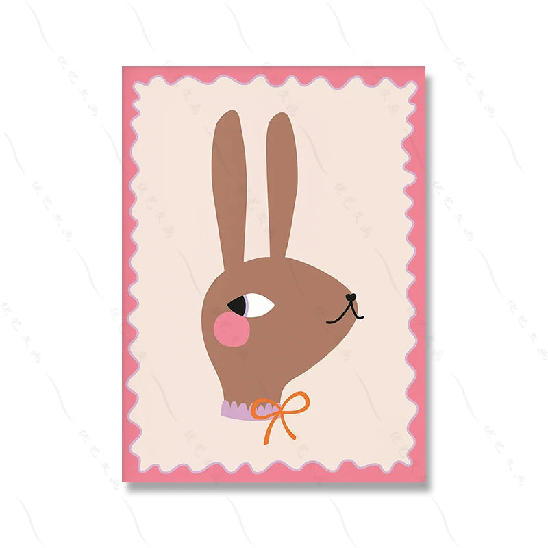 affiche toile animaux cartoon décoration chambre enfant cadre bois motif chat chien lapin rose