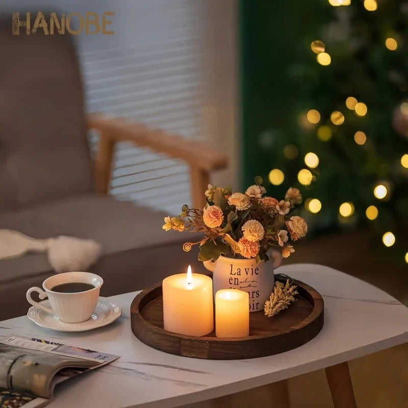 plateau bois rustique marron grain naturel bouquet artificiel bougies led automne decoration interieur salon
