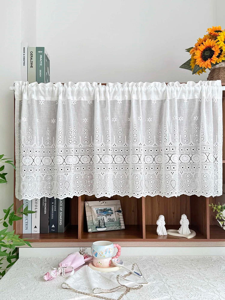 rideau valance blanc motif floral transparent vintage rustique chambre anneaux tringle inclusion éléments