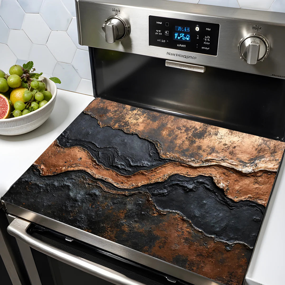 autocollant decoratif plaque cuisson noir cuivre rustique texture organique moderne 52x72cm