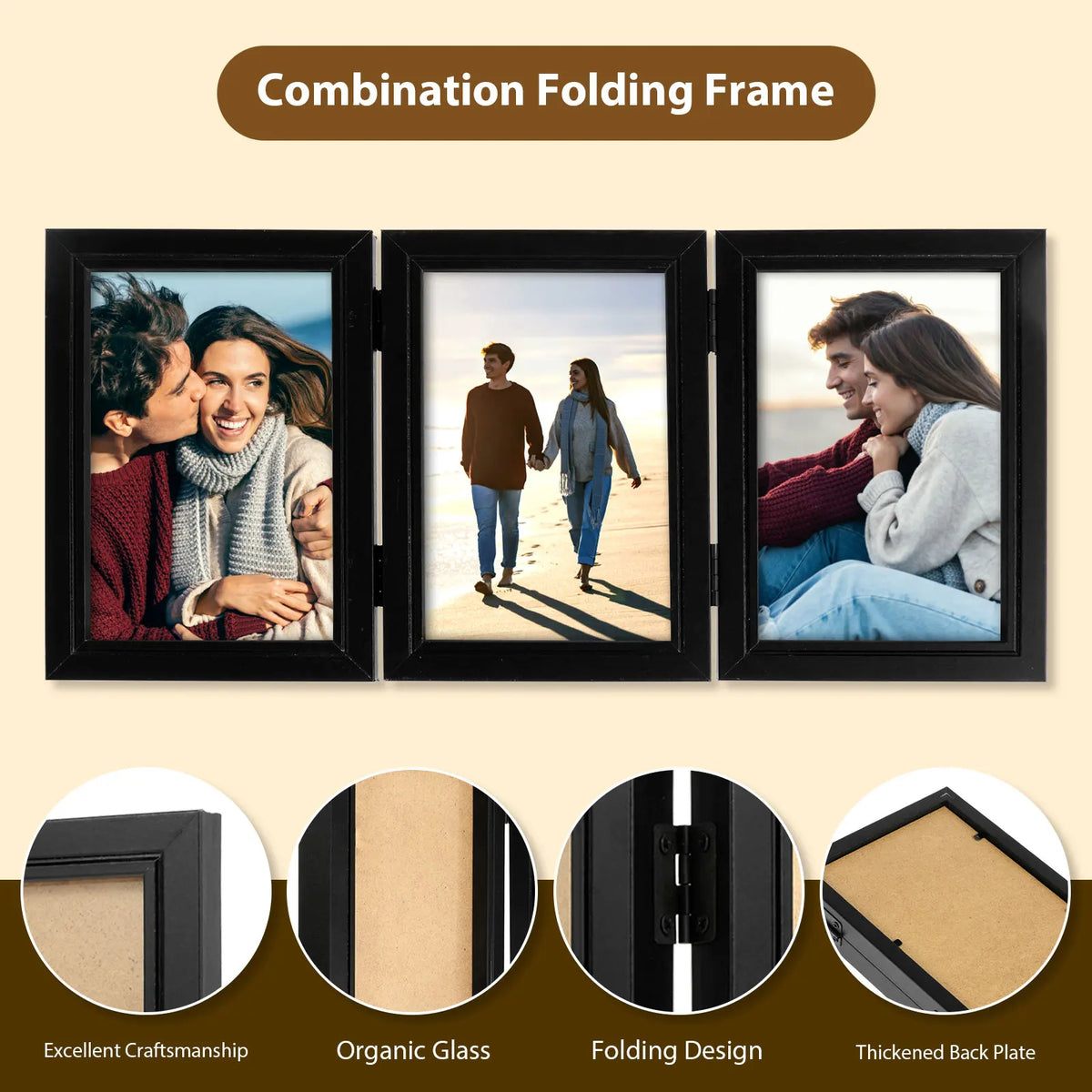 cadre photo pliable triple verre transparent charnières modernes noir bois clair minimaliste