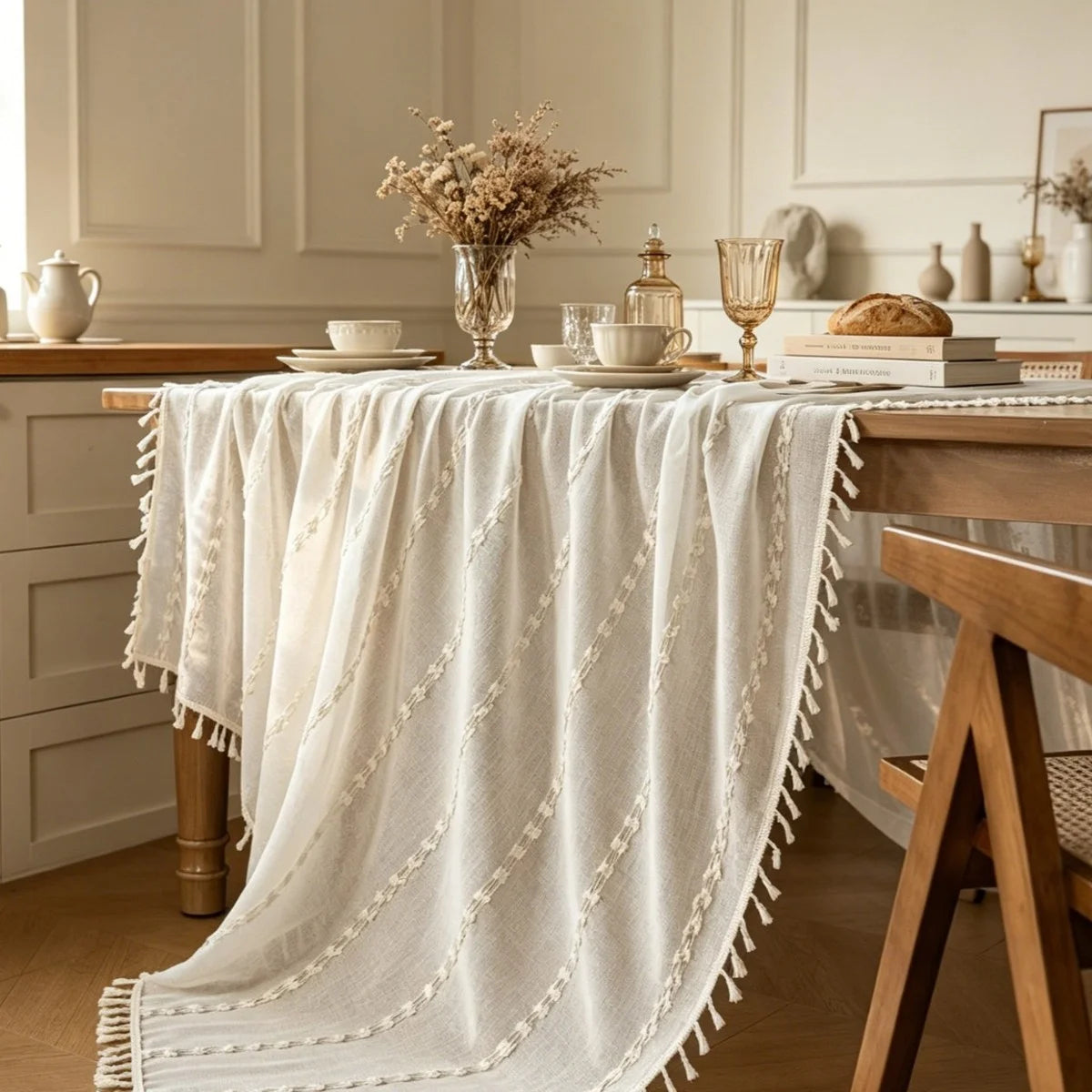 nappe beige clair rayées franges rustique boho chic table salle manger polyester machine