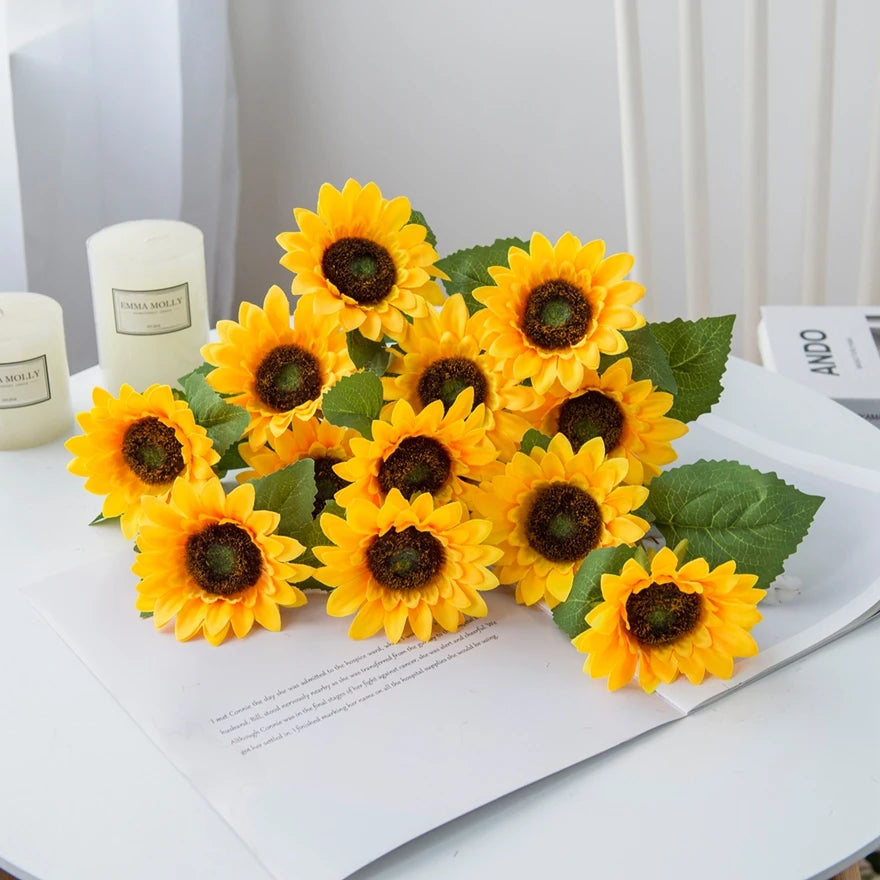 bouquet fleurs artificielles tournesol jaune feuilles vertes deco moderne exterieur intérieur fête anniversaire mariage