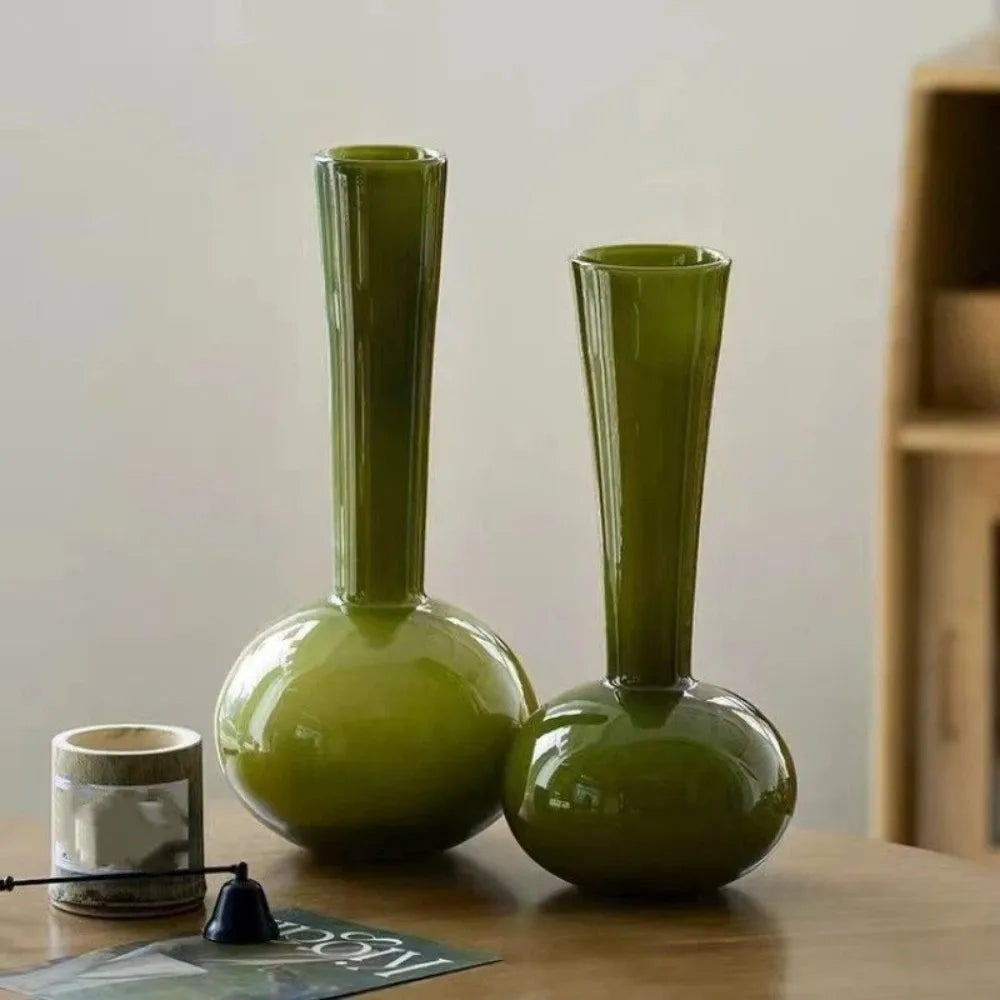 vase vert olive transparent moderne minimaliste hauteur 32cm 36cm ouverture 8cm 7cm base 6cm