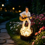 statue elvis presley guitare résine lumière solaire décoration extérieure égyptienne paillettes base rocheuse éléments