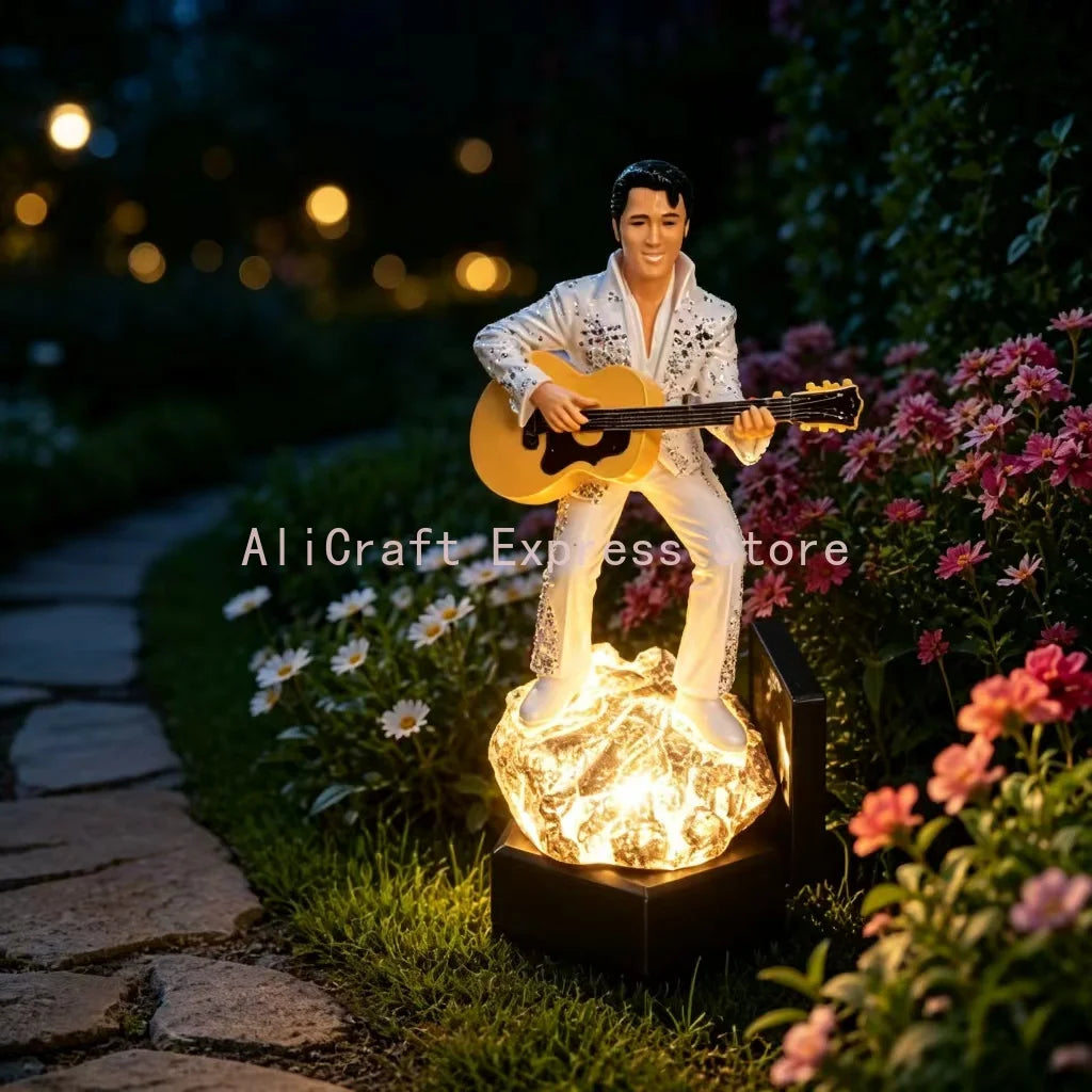 statue elvis presley guitare résine lumière solaire décoration extérieure égyptienne paillettes base rocheuse éléments