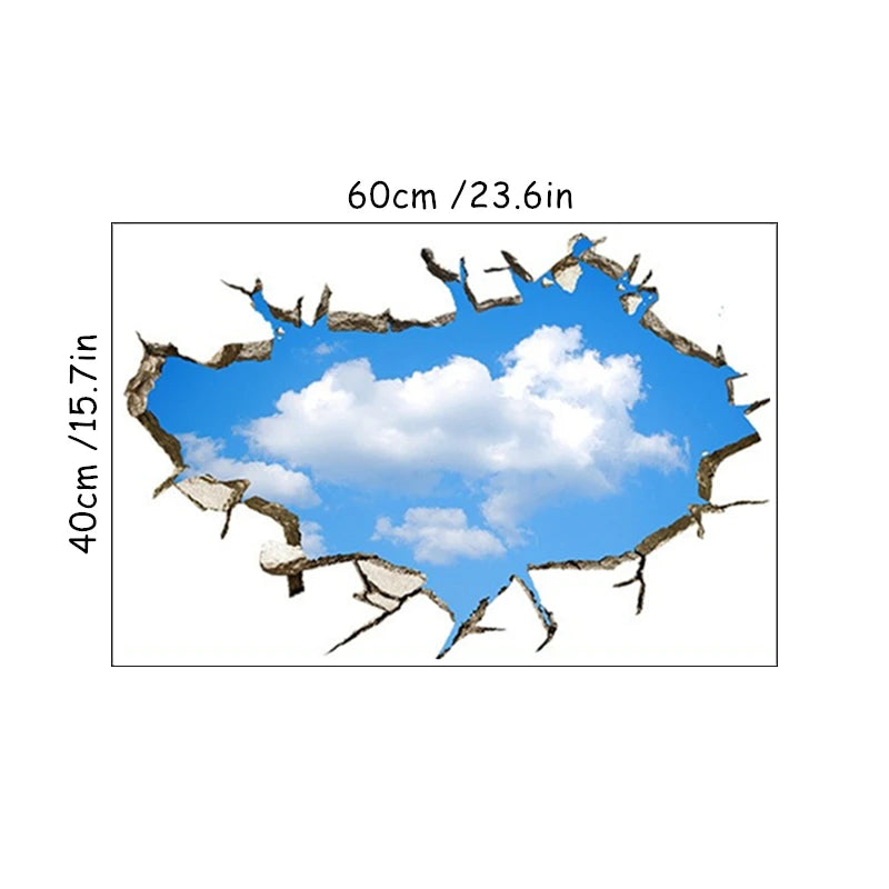 sticker mural 3d ciel bleu nuages étoiles béton fissuré adhésif chambre toit