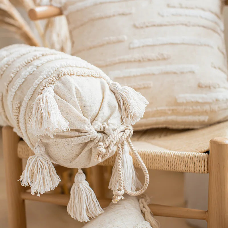 coussin boho chic brodé franges polyester beige décoratif rectangle 45x45cm