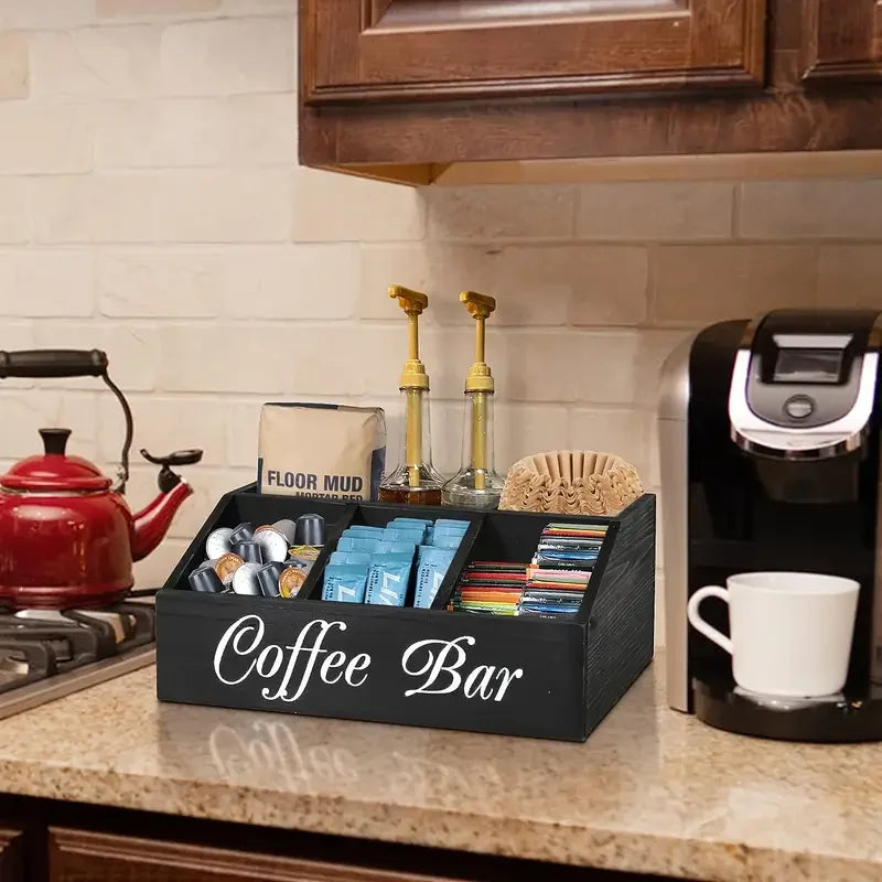 rangement rustique noir capsules sucre tasses jetables pailles bois organizer accessoires cuisine