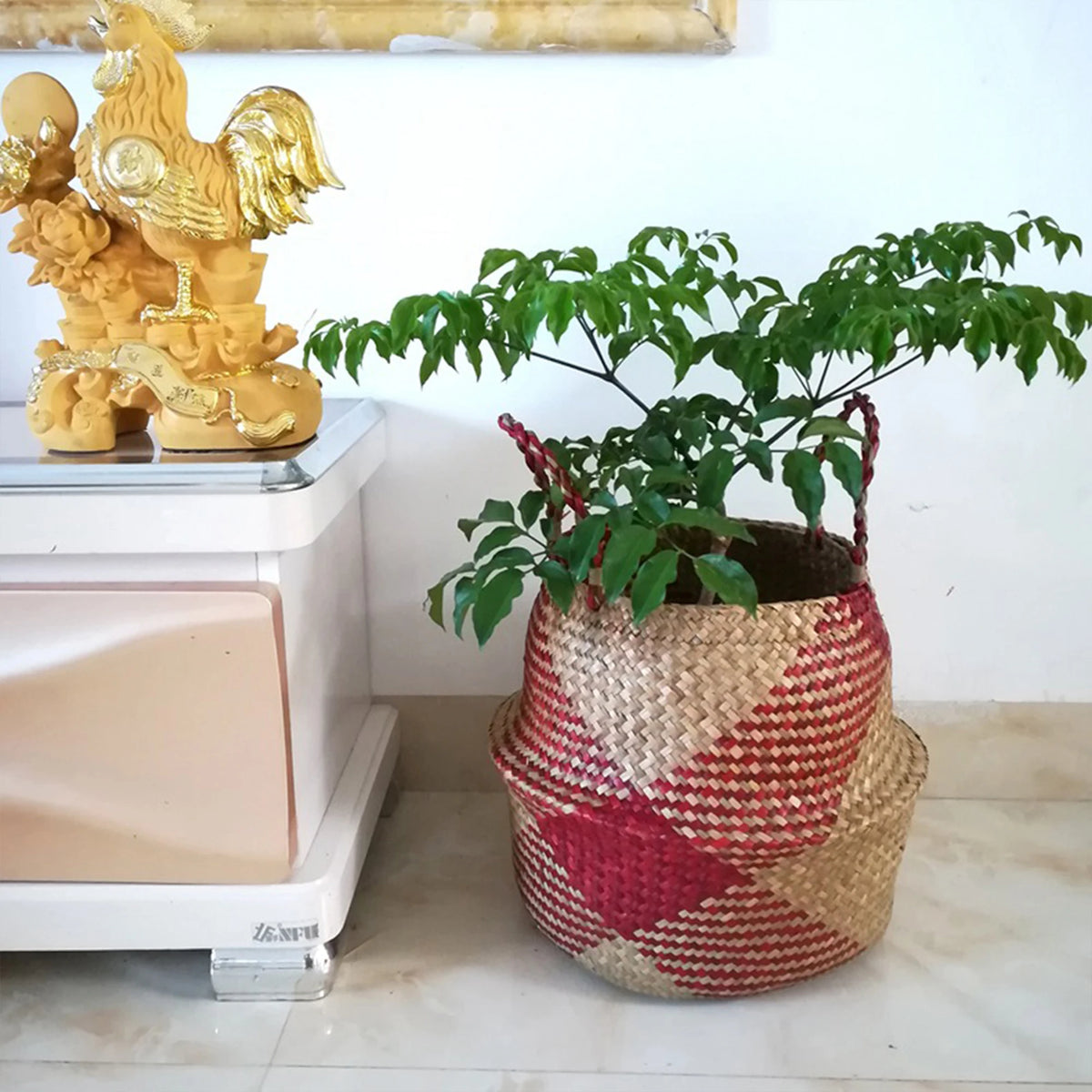 panier tissé fleurs naturel rouge vert orange motifs géométriques rustique.storage ecofriendly