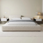 lit moderne bois tissu lin beige oreillers blancs draps gris blancs 188cm 218cm 246cm