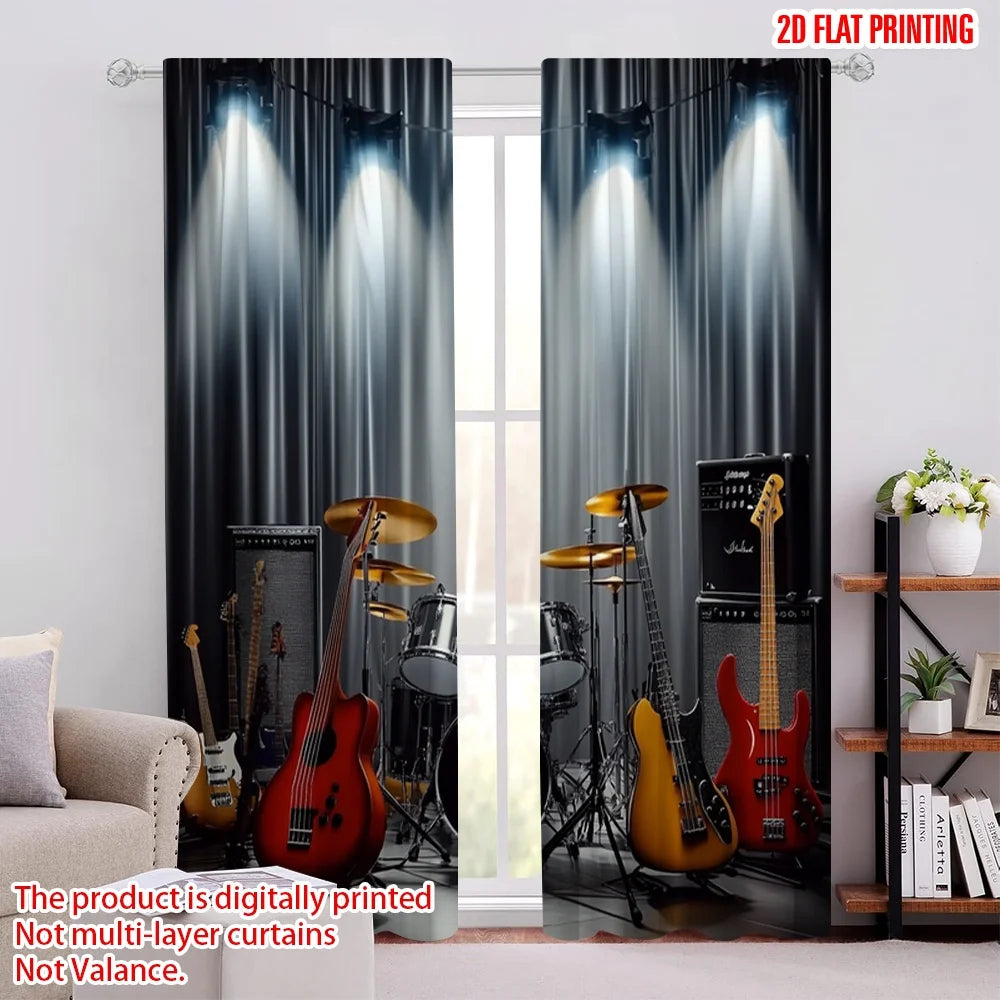 rideau moderne rock instruments musique noir gris blanc rouge jaune imprimé polyester machine