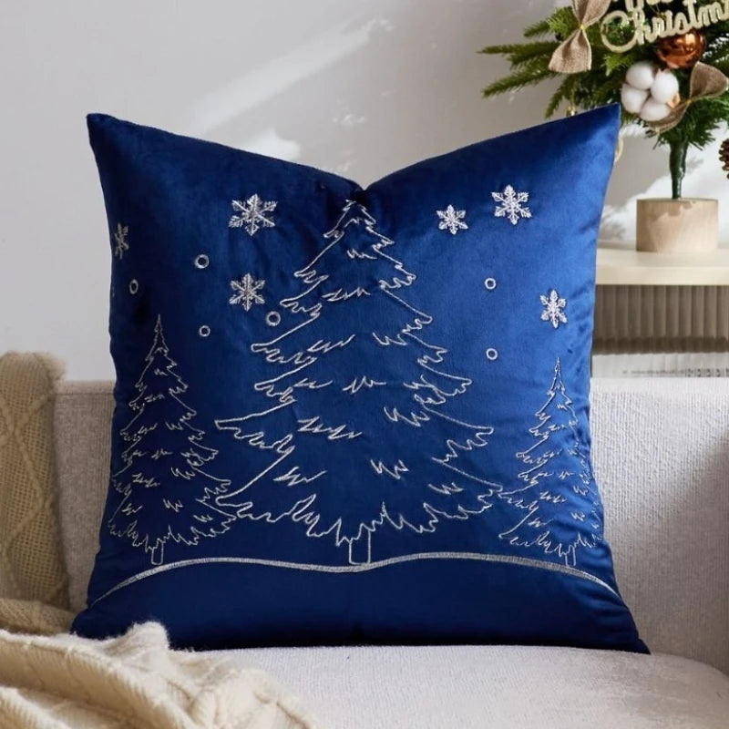 housse coussin brodée arbre noël moderne 45x45cm polyester coton velours rouge vert bleu gris