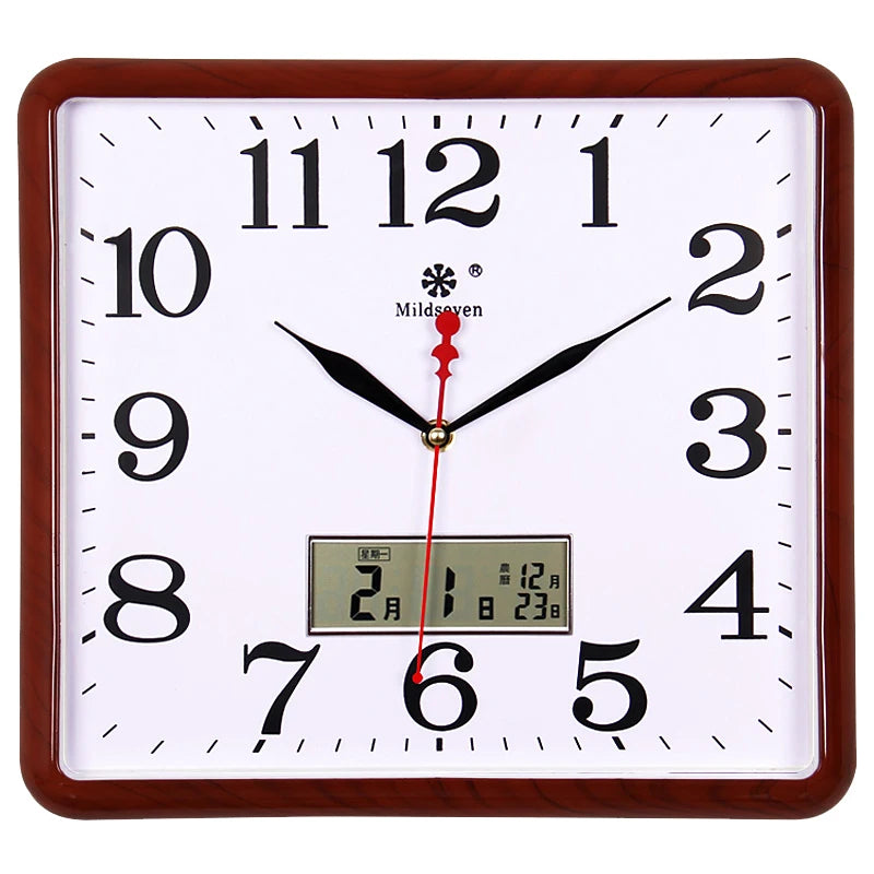 horloge murale carrée quartz aiguille classique cadre marron cadran blanc salon cuisine decoration murale