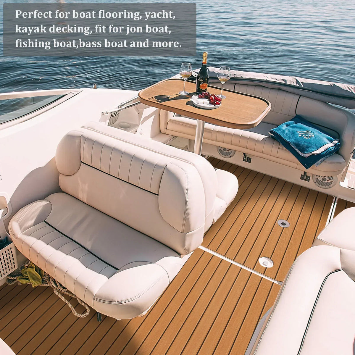 tapis sol bateau mousse EVA rayures horizontales adhésif 3M résistant eau moderne marron clair