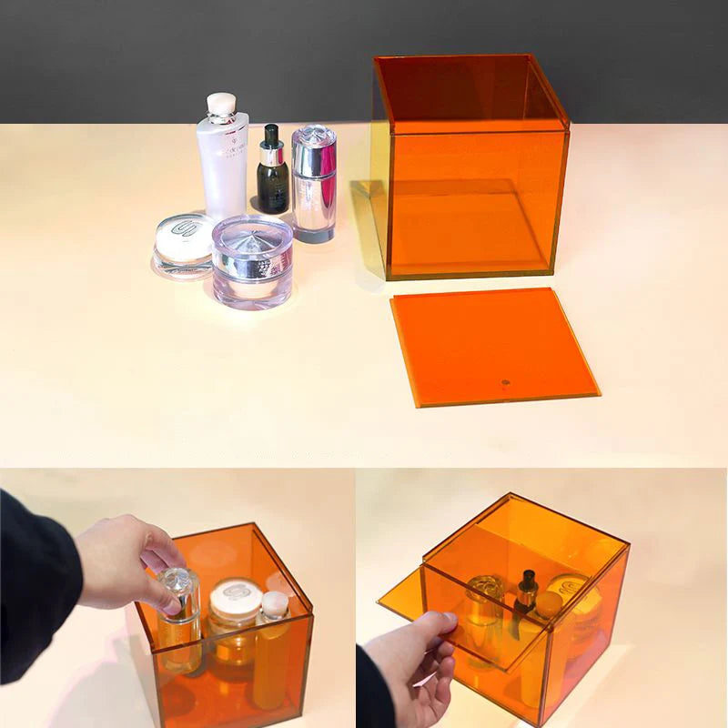 boîte rangement transparente moderne réutilisable respectueuse environnement violet vert bleu orange jaune cosmétiques bijoux