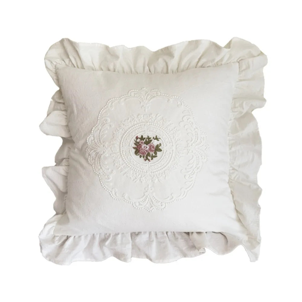 housse coussin brodé motif floral vintage blanc polyester coton lit 45x45 30x50 fixations
