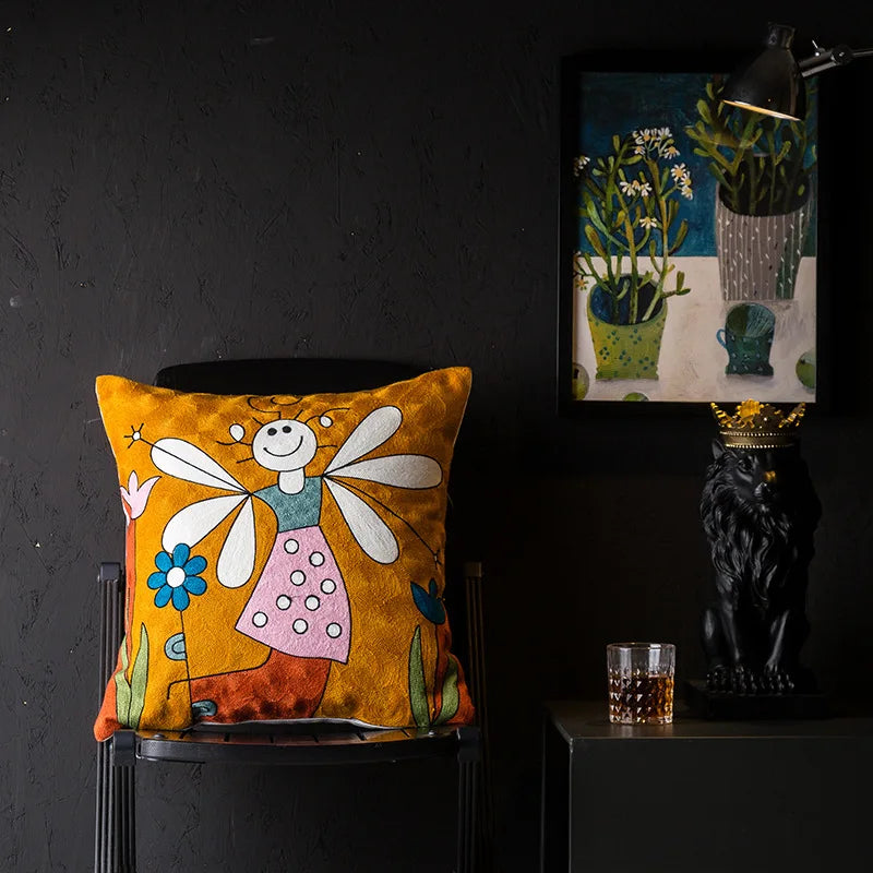 coussin abstrait brodé chats fleurs moderne linge coton bleu orange noir blanc vert marron
