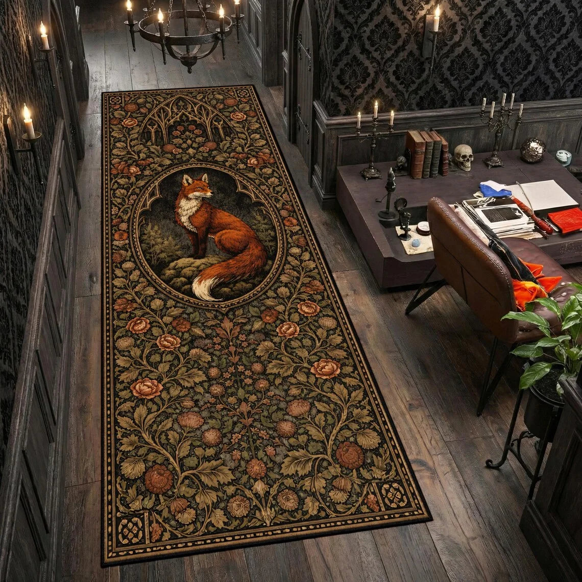 tapis vert foncé renards motifs géométriques feuilles vintage antidérapant extérieur moderne