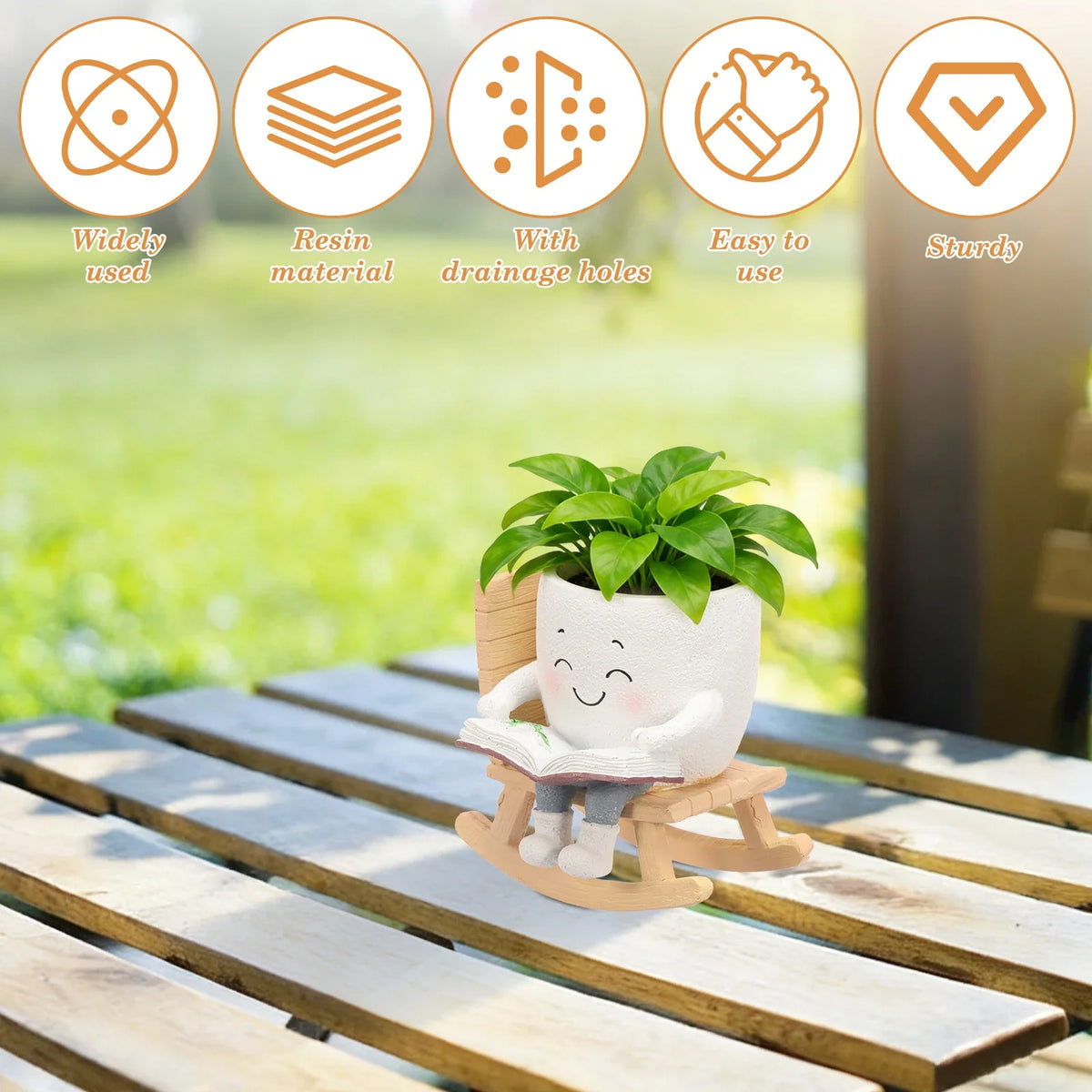 pots fleurs résine personnage souriant fauteuil bascule blanc gris vert décoration jardin cartooniaux