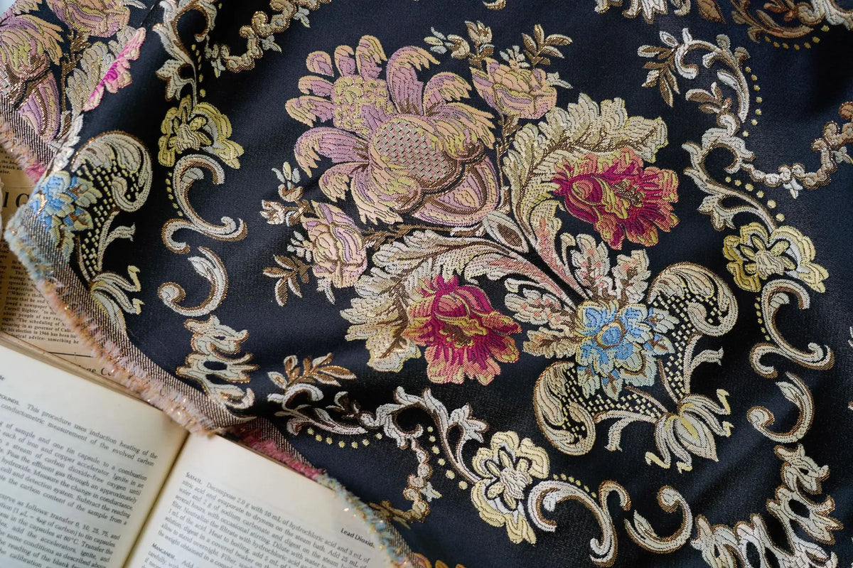tissu brodé floral noir rose doré classique baroque 100 polyester largeur 145cm robuste décoratif