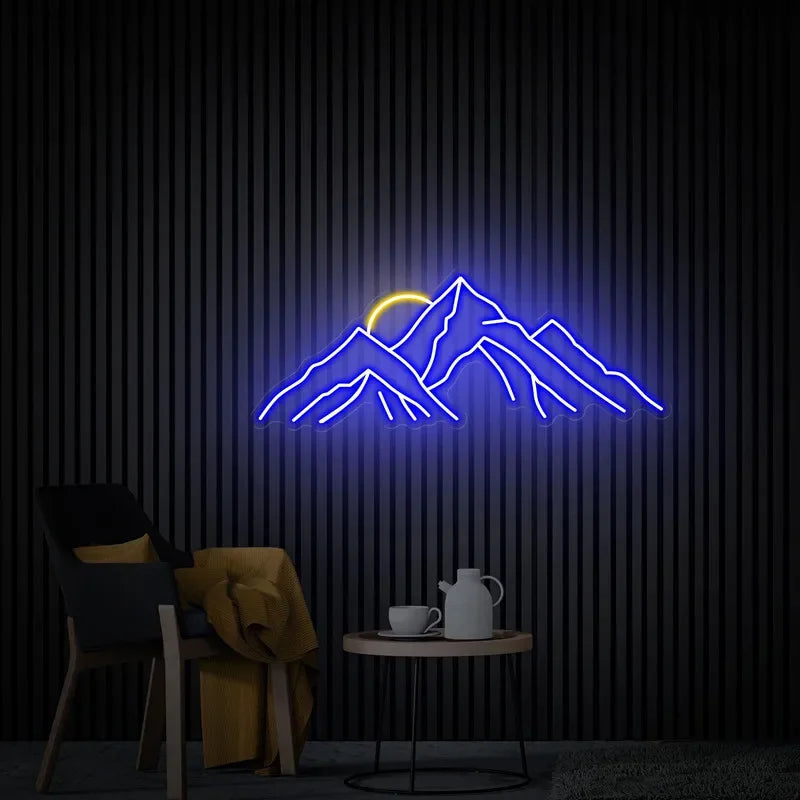 décoration murale moderne néon montagne soleil bleu violet orange rouge USB