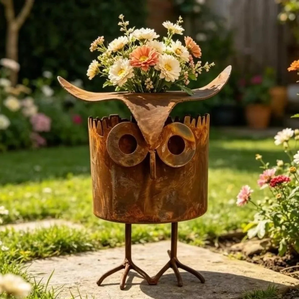 pot fleurs forme oiseau marron rustique texture metallique aspect vieilli moderne jardin balcon