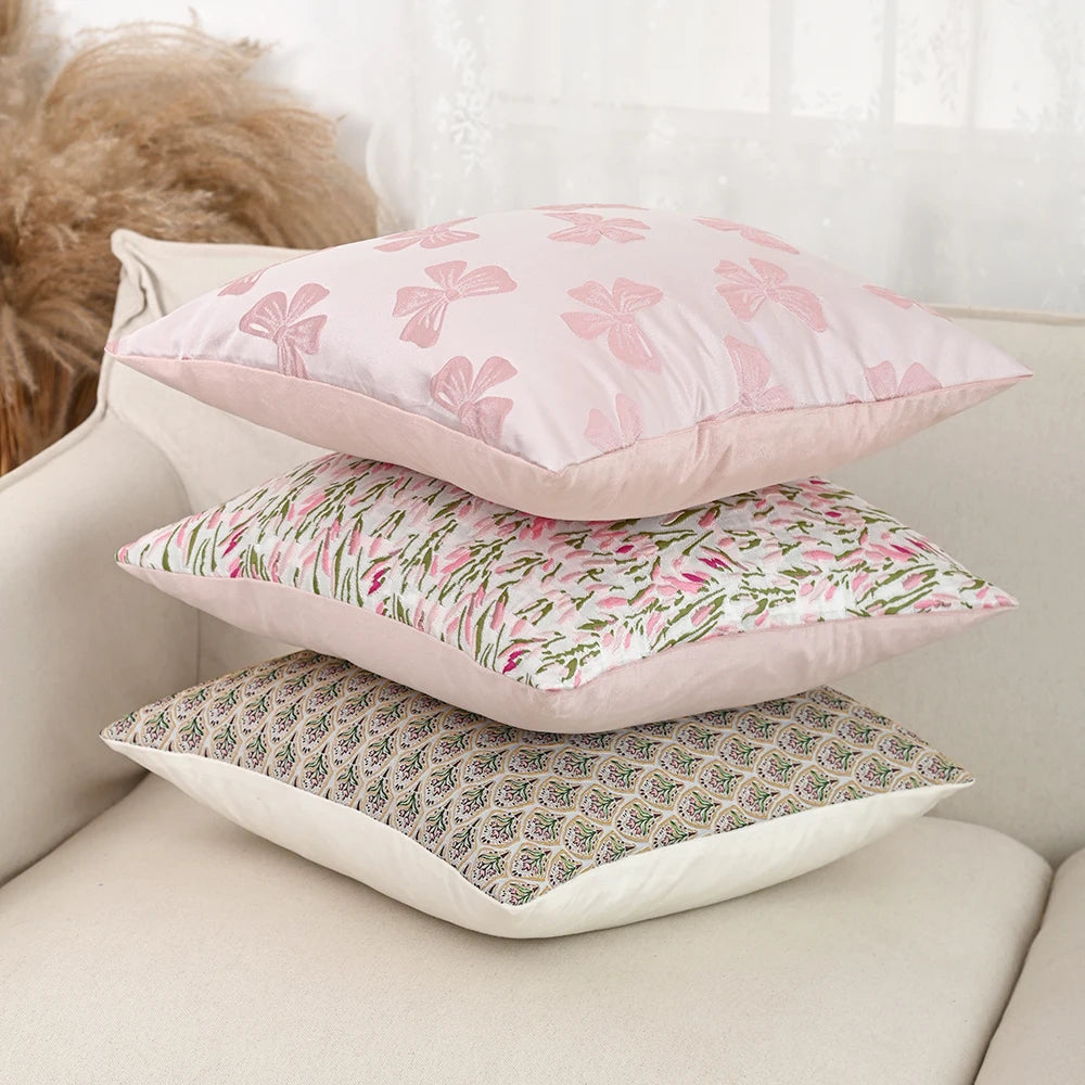housse coussin polyester fleur rose motif noeud vintage 30x50cm 45x45cm decoration maison lit