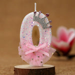 bougies numériques anniversaire forme chiffres paillettes strass rubans bleu rose décoratives féminines