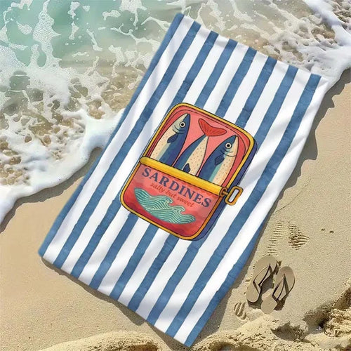serviette plage vintage motif sardines microfibre rapide séchage rose blanche bleue verte